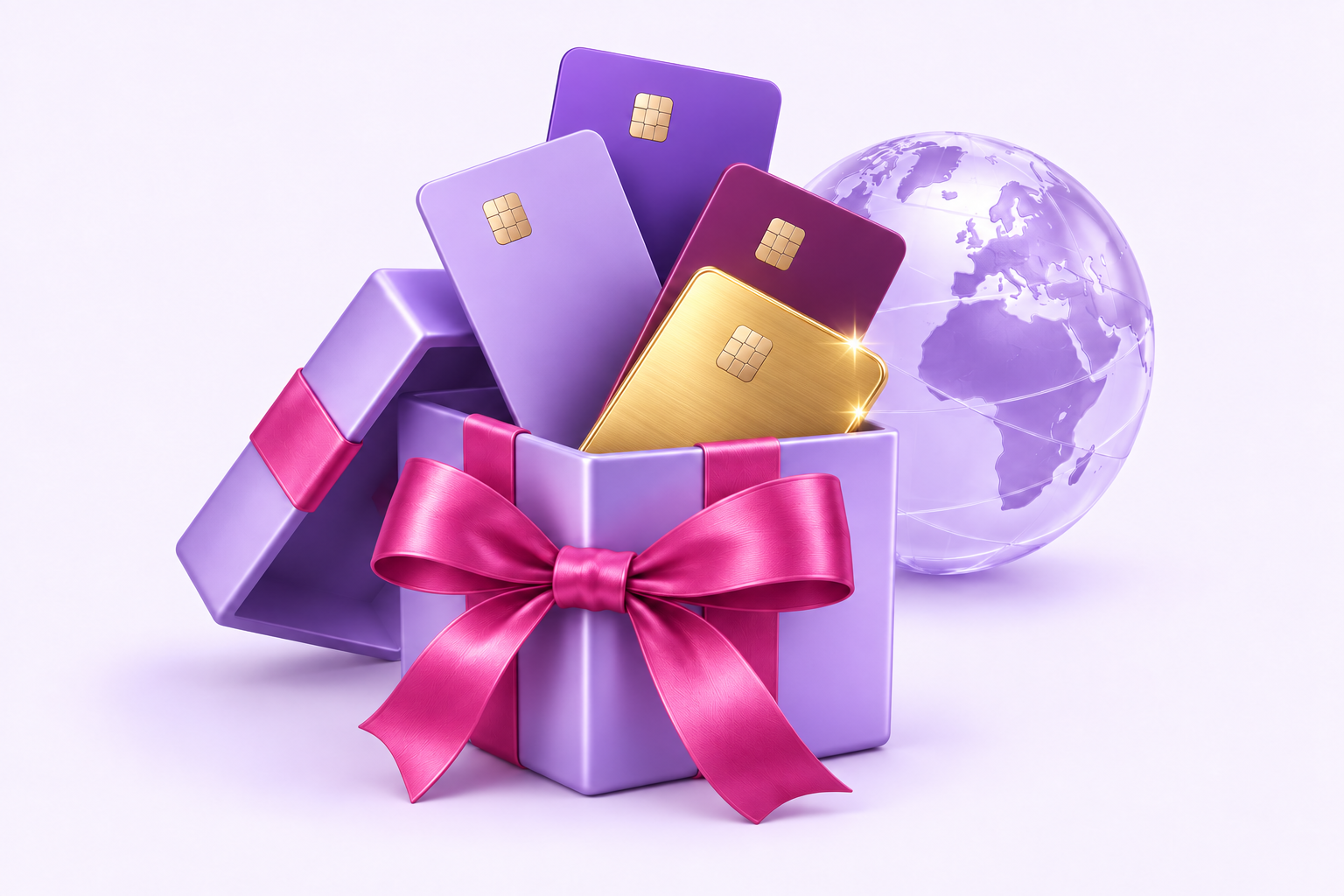 Un cadeau avec quatre cartes, dont une dorée, et un globe